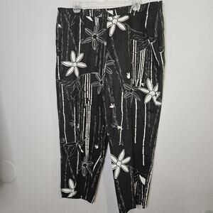 Uniform by John Paul Richards Black White Bamboo Print 100% Linen Pants Size 16